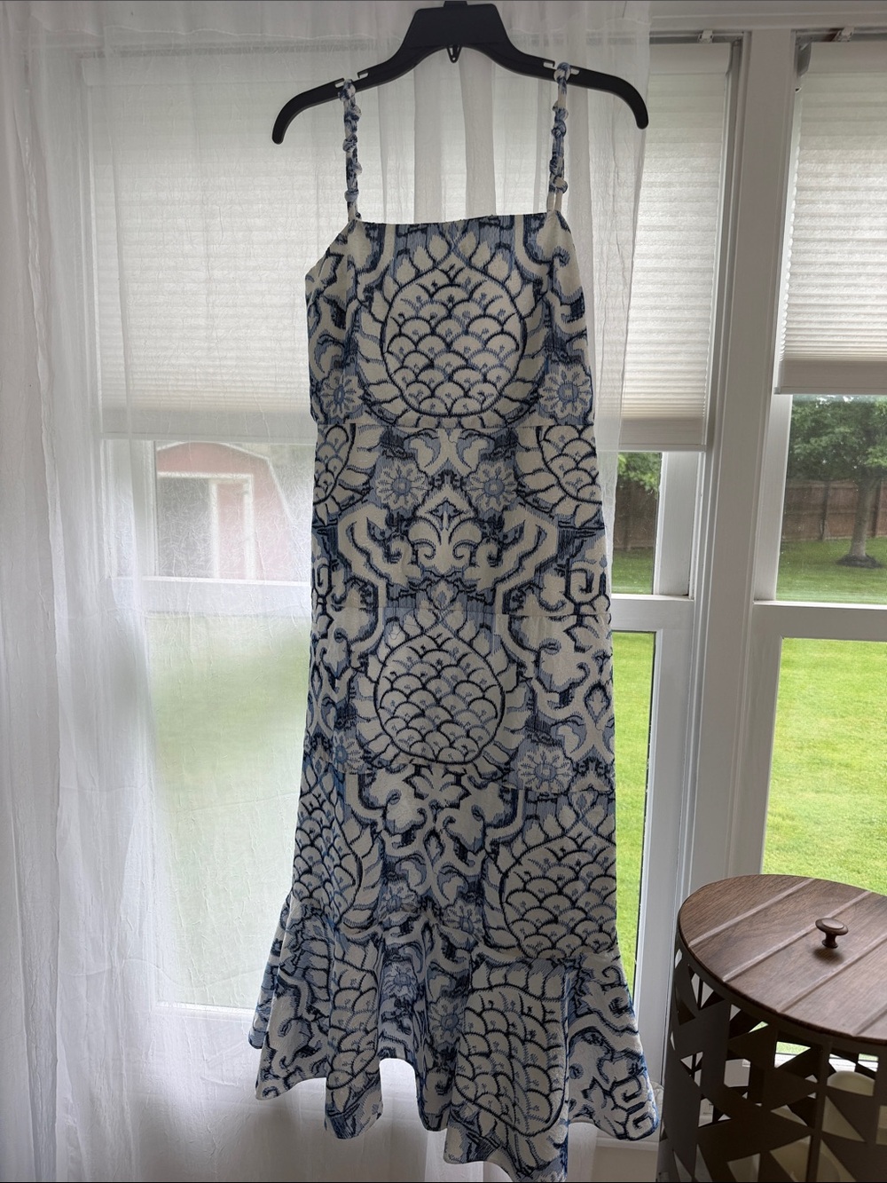 Alexis Blue and White Printed Midi Dress with Ruffle Hem